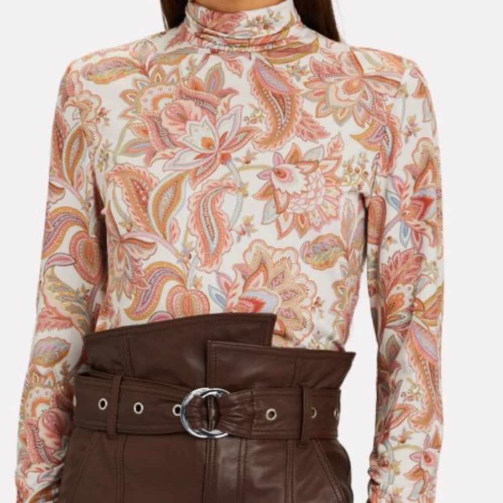 Zimmermann Floral Paisley Ruched Long Sleeve Turtleneck Top Zip Back Size 0